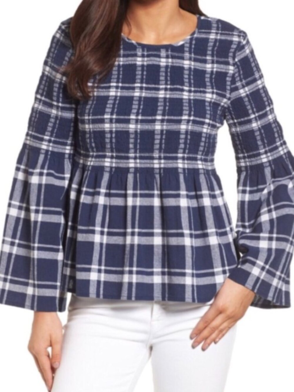 Caslon Plaid Smocked Peplum Bell Sleeve Top –  Navy White –  XL
